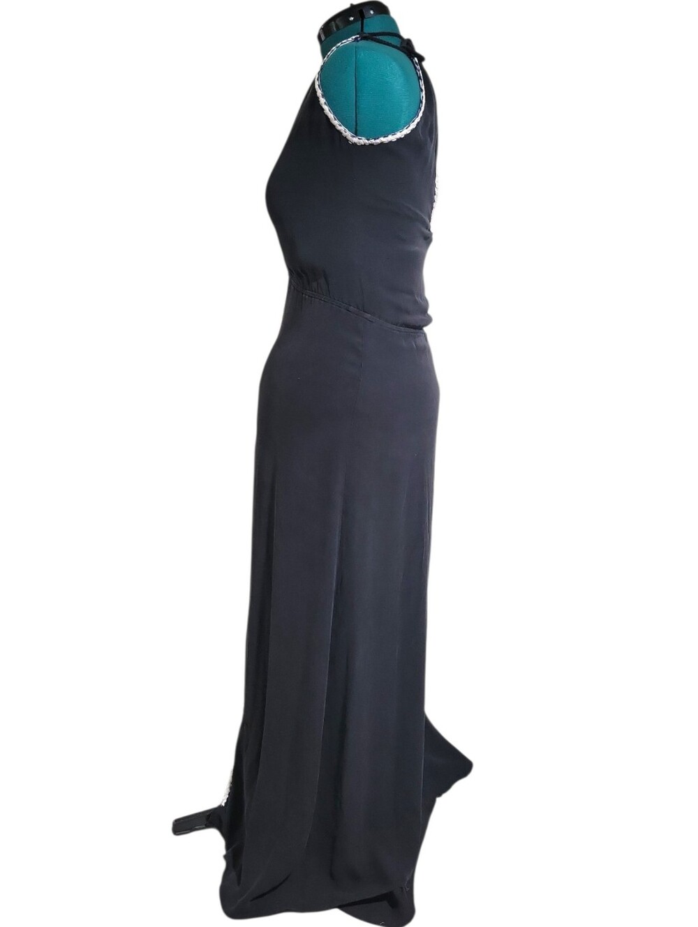 Parker Vintage Silk Black Braided Trim Maxi Dress Size M V-Neck  Halter Tie Neck - Picture 5 of 15